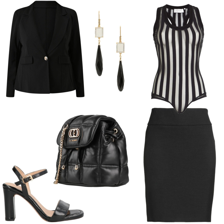 Outfit donna - Stilosa in black.... Stile Chic per Serata fuori. Abbinamento con minigonne, valigie, sandali in pelle, body, blazer, orecchini.