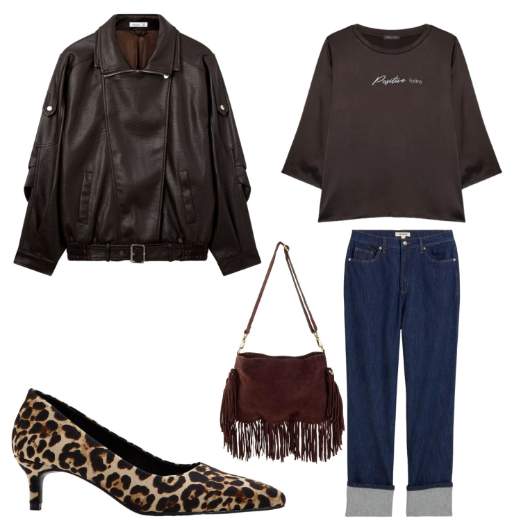 Outfit donna - Brown. Stile Bon Ton per Tutti i giorni. Abbinamento con jeans dritti, décolleté, borse a tracolla, giacche, bluse.