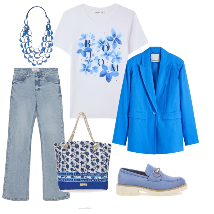Outfit donna - in blu. Stile Urban per Tutti i giorni. Abbinamento con blazer, t-shirt, jeans bootcut, collane, mocassini, shopping bag.
