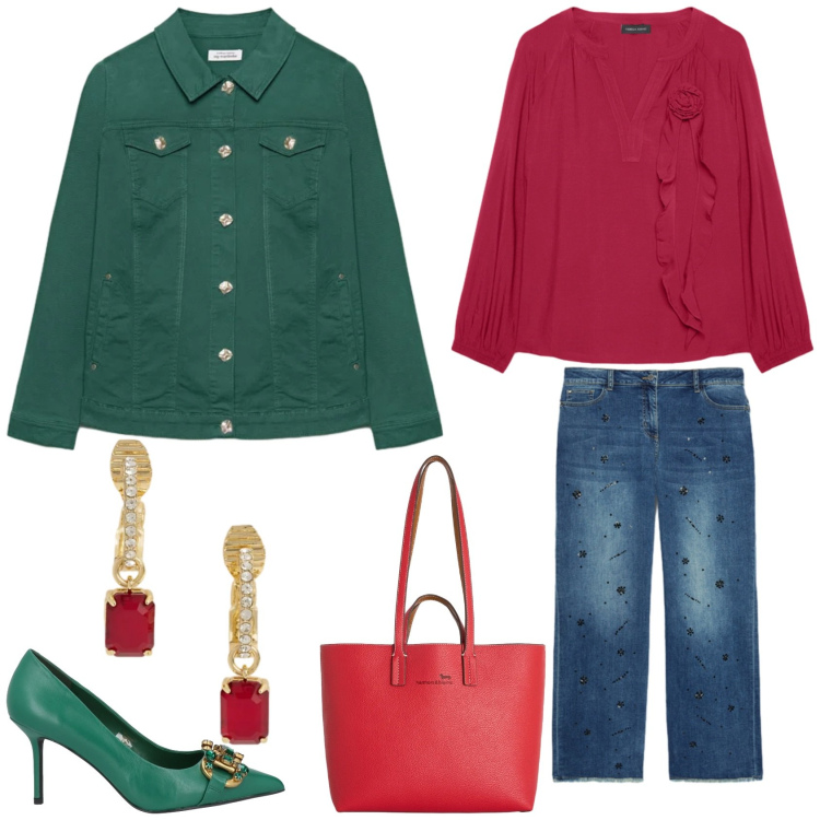 Outfit donna - Mix perfetto. Stile Bon Ton per Tutti i giorni. Abbinamento con décolleté, bluse, jeans dritti, blazer, shopping bag, orecchini.