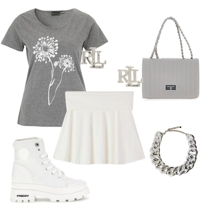 Outfit donna - Outfit grey& White. Stile Trendy per Tutti i giorni. Abbinamento con t-shirt, minigonne, collane, orecchini, borse a tracolla, anfibi.
