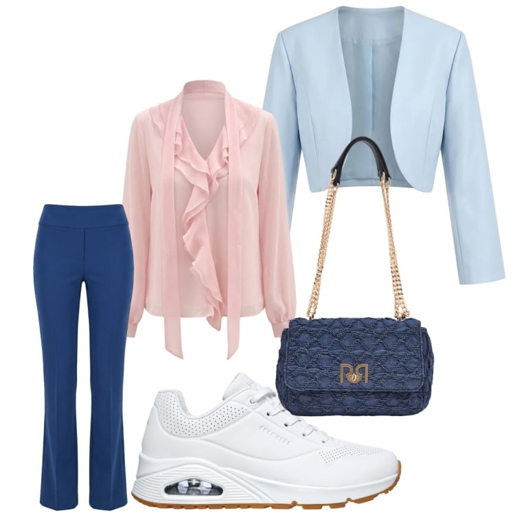 Outfit donna - Chic & sporty. Stile Casual chic per Serata fuori. Abbinamento con bluse, pantaloni, bolero, borse a spalla, sneakers.