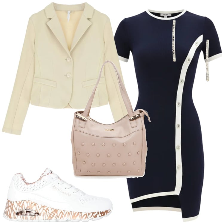Outfit donna - L\'abito a tubino e lo Stile Urban. Stile Urban per Tutti i giorni. Abbinamento con blazer, vestiti asimmetrici, orecchini, sneakers alte, shopping bag.