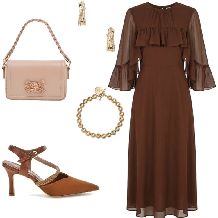 Outfit donna - Per l\'invito ad una cerimonia. Stile Glamour per Cerimonia. Abbinamento con vestiti midi/longuette, pochette, braccialetti, orecchini, décolleté.