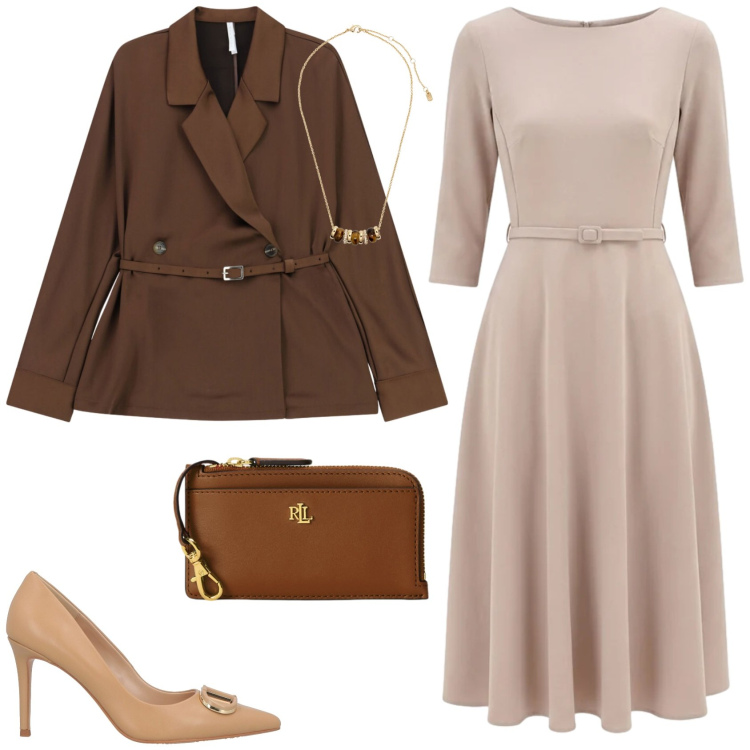 Outfit donna - Lo stile Bon Ton. Stile Bon Ton per Tutti i giorni. Abbinamento con décolleté, blazer, vestiti midi/longuette, collane, portafogli.