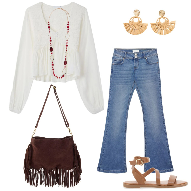 Outfit donna - Lo stile Boho. Stile Boho per Tutti i giorni. Abbinamento con borse a tracolla, orecchini, jeans a zampa, bluse, collane, sandali in pelle.