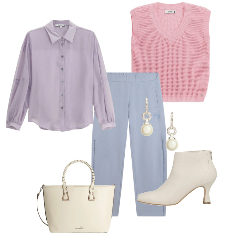 Outfit donna - Peonia. Stile Bon Ton per Tutti i giorni. Abbinamento con stivaletti, shopping bag, top, camicie, pantaloni, orecchini.