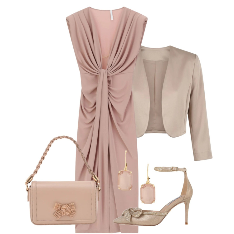 Outfit donna - Mon Cheri. Stile Chic per Cerimonia. Abbinamento con décolleté, vestiti lunghi, pochette, blazer, orecchini.