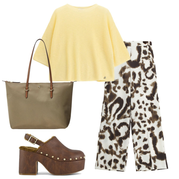 Outfit donna - Muccata. Stile Urban per Scuola/Università. Abbinamento con pantaloni a palazzo, maglieria, borse tote, sabot.