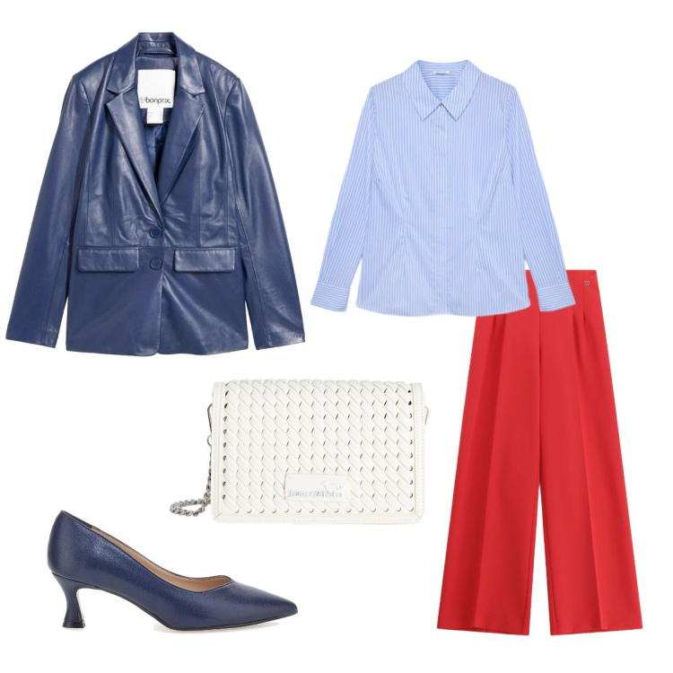 Outfit donna - Colori della Francia. Stile Casual chic per Ufficio. Abbinamento con blazer, camicie, pantaloni a palazzo, borse a tracolla, décolleté.