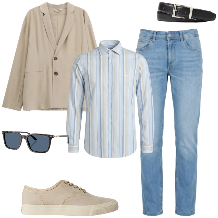 Outfit uomo - City. Stile Urban per Tutti i giorni. Abbinamento con giacche, camicie, jeans, sneakers, occhiali da sole, cinture.