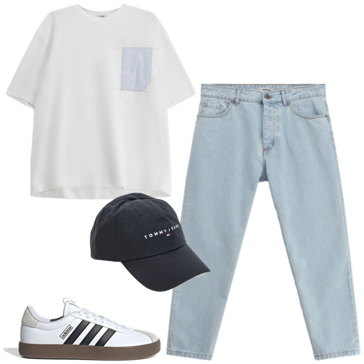 Outfit uomo - Aprile. Stile Casual per Tutti i giorni. Abbinamento con t-shirt, jeans, cappelli con visiera, sneakers.