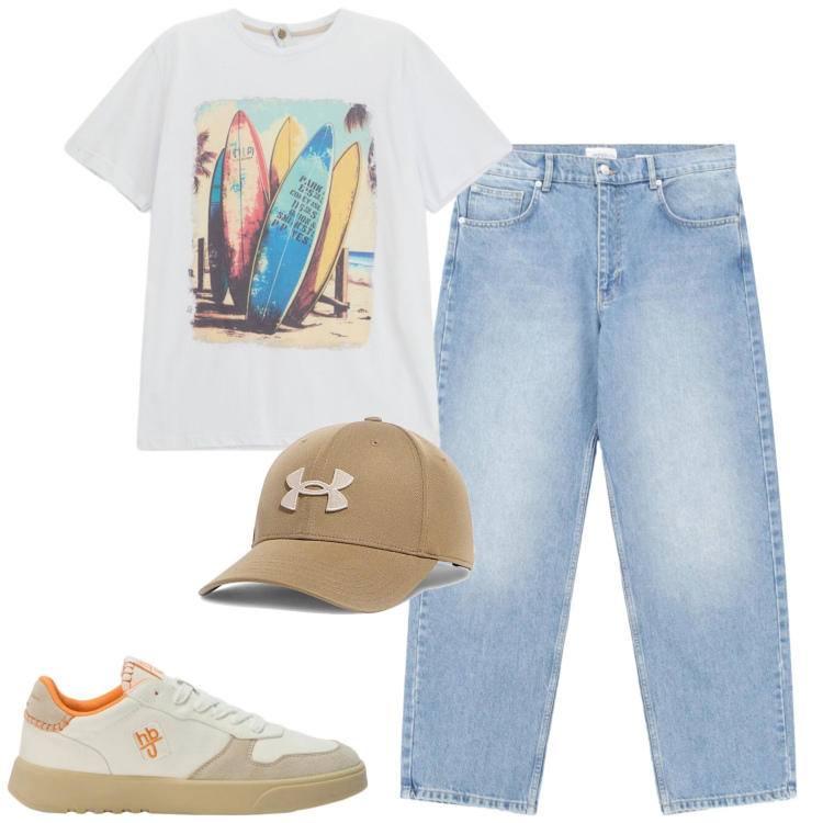 Outfit uomo - Spring. Stile Casual per Tutti i giorni. Abbinamento con t-shirt, jeans, sneakers, cappelli con visiera.