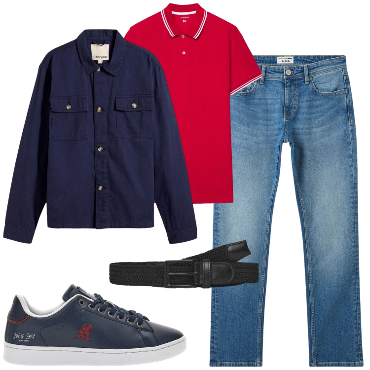 Outfit uomo - Aprile. Stile Casual per Tutti i giorni. Abbinamento con giacche, jeans, cinture, polo, sneakers.