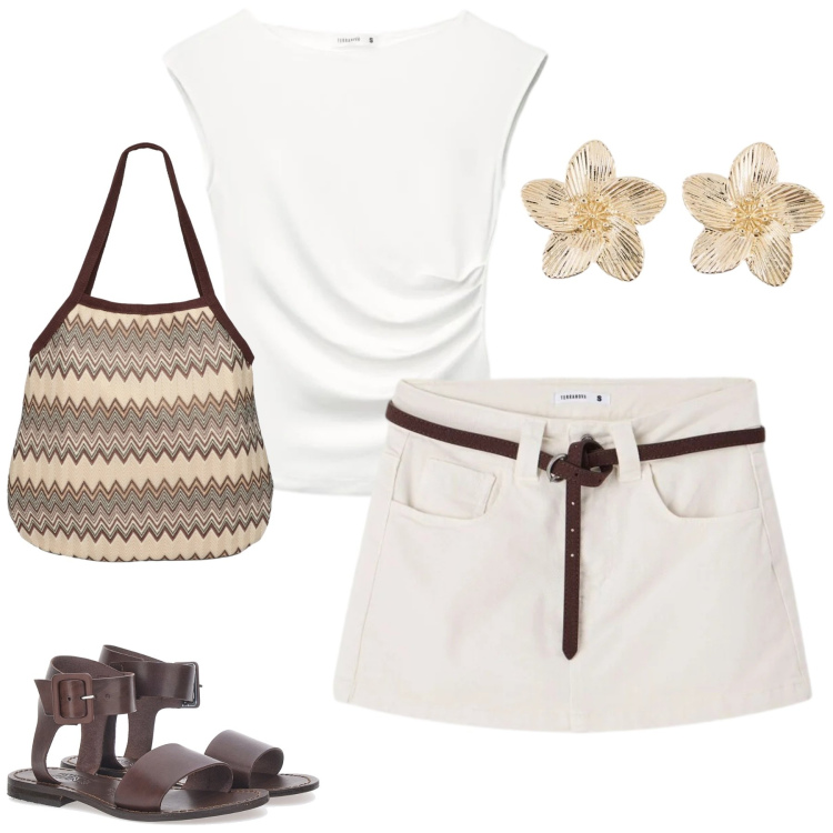 Outfit donna - Light as cloud. Stile Trendy per Tutti i giorni. Abbinamento con orecchini, top, borse tote, minigonne, sandali.