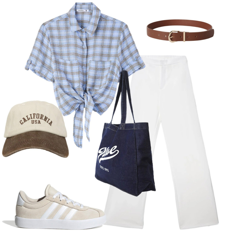 Outfit donna - Tutti i giorni. Stile Basic per Tutti i giorni. Abbinamento con pantaloni, camicie a manica corta, cappelli con visiera, cinture, shopping bag, sneakers.
