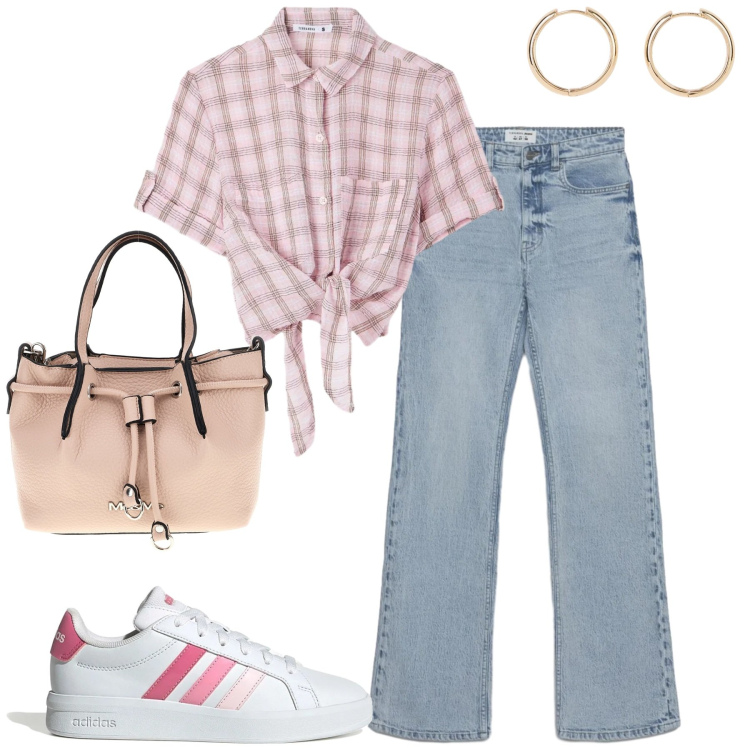 Outfit donna - Aprile. Stile Casual per Tutti i giorni. Abbinamento con orecchini, jeans bootcut, camicie a manica corta, sneakers, borse a spalla.