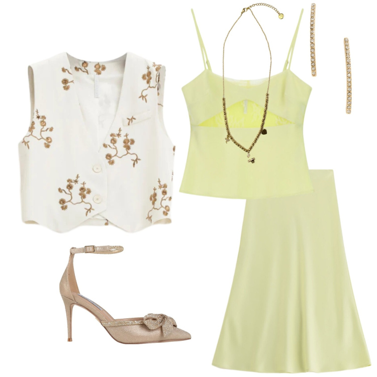 Outfit donna - Per una serata fuori. Stile Trendy per Serata fuori. Abbinamento con décolleté, canottiere, gonne longuette, gilet, ciondoli, orecchini.
