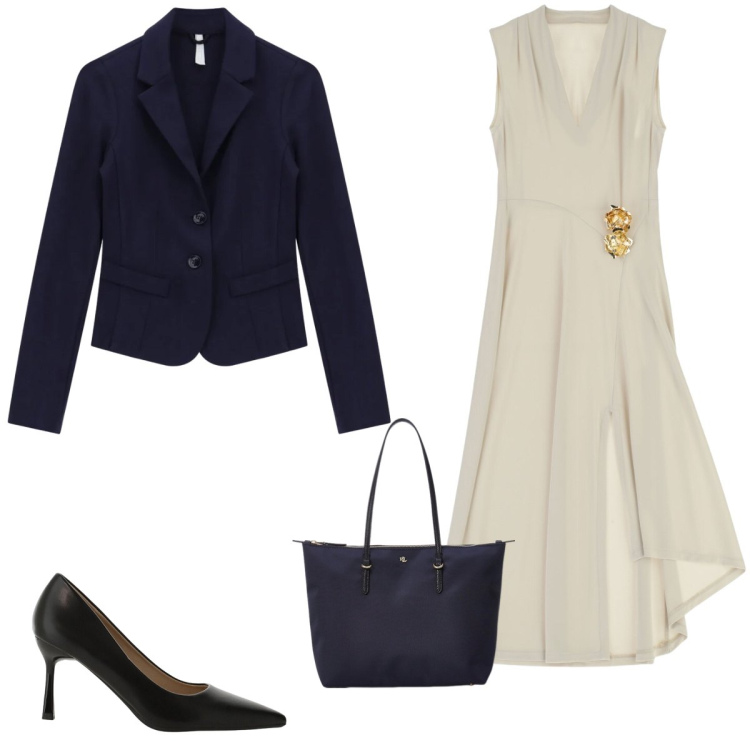 Outfit donna - Outfit abito avorio. Stile Chic per Serata fuori. Abbinamento con vestiti midi/longuette, blazer, décolleté, borse tote.