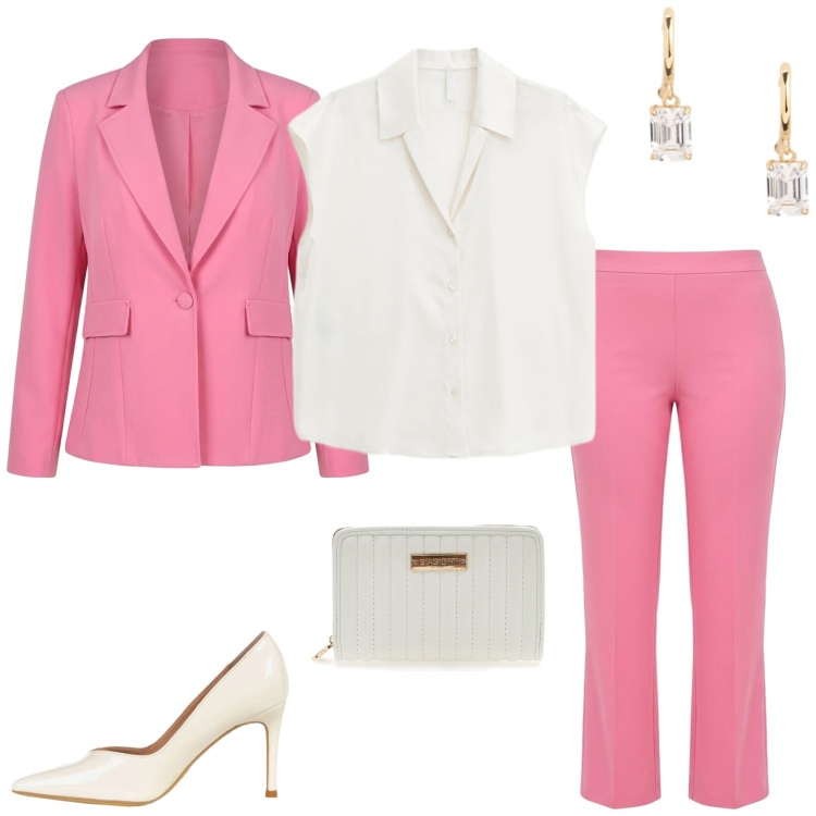 Outfit donna - Il tailleur rosa per quando si vuole. Stile Trendy per Tutti i giorni. Abbinamento con camicie, blazer, pantaloni, décolleté, orecchini, portafogli.