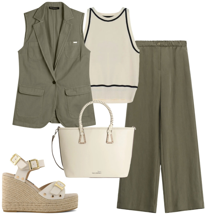 Outfit donna - Aprile. Stile Urban per Tutti i giorni. Abbinamento con shopping bag, pantaloni a palazzo, top, gilet, zeppe.