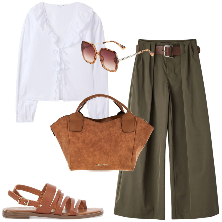 Outfit donna - Cuoio e verde. Stile Casual chic per Tutti i giorni. Abbinamento con occhiali da sole, pantaloni, camicie, sandali, borse a mano.