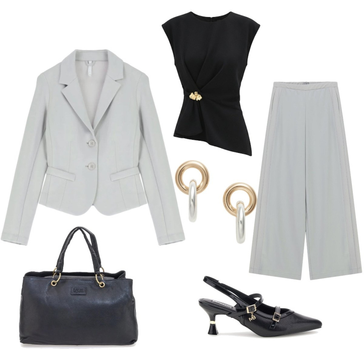 Outfit donna - Outfit grigio chiaro. Stile Chic per Ufficio. Abbinamento con pantaloni a palazzo, blazer, top, orecchini, décolleté, borse a mano.