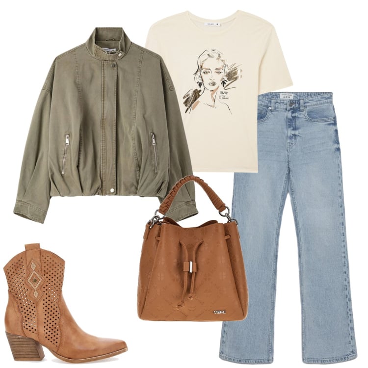 Outfit donna - Aprile. Stile Casual per Tutti i giorni. Abbinamento con bomber, t-shirt, jeans bootcut, stivaletti texani, borse a tracolla.