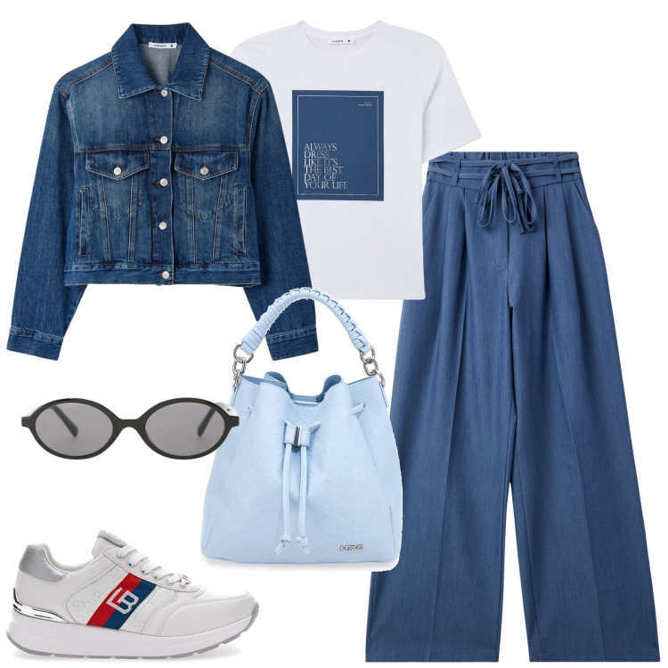Outfit donna - Aprile. Stile Casual chic per Tutti i giorni. Abbinamento con cappotti, jeans, t-shirt, occhiali da sole, sneakers, borse a secchiello.
