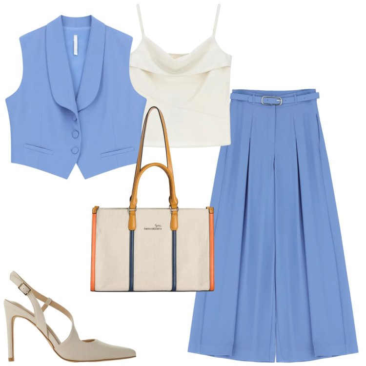 Outfit donna - Imperial. Stile Urban per Tutti i giorni. Abbinamento con borse tote, pantaloni a palazzo, gilet, canottiere, décolleté.