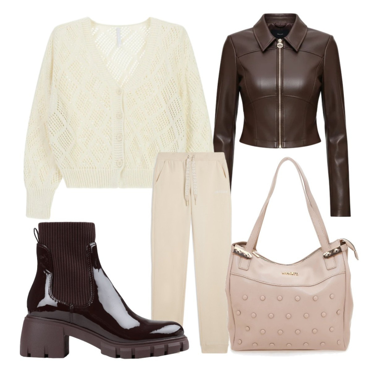 Outfit donna - Panna e cioccolato. Stile Casual per Ufficio. Abbinamento con stivaletti, cardigans, giacche, pantaloni, shopping bag.