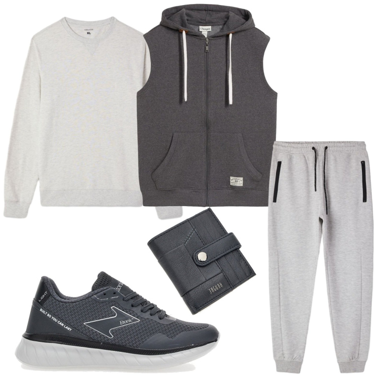 Outfit uomo - Perfetto per lo sport. Stile Casual per Tutti i giorni. Abbinamento con gilet, felpe, pantaloni, portafogli, sneakers.