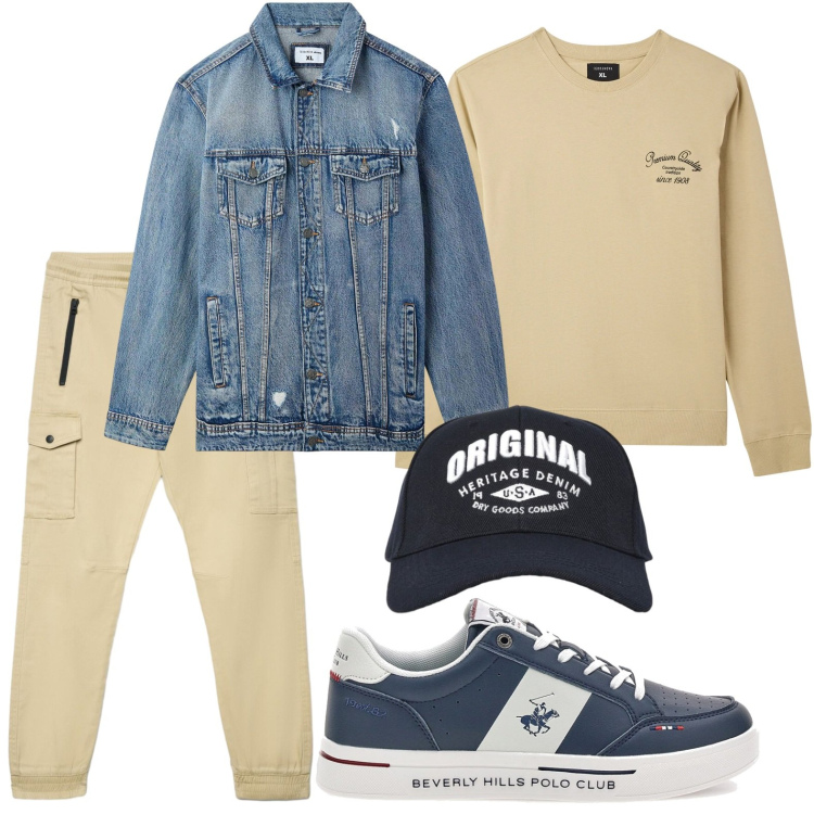 Outfit uomo - Richiami vintage. Stile Casual per Tutti i giorni. Abbinamento con felpe, giacche, cappelli con visiera, pantaloni cargo, sneakers.