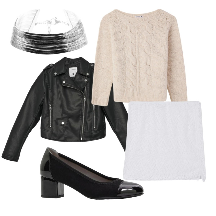 Outfit donna - Black and White. Stile Rock per Serata fuori. Abbinamento con décolleté, minigonne, giacche, pullovers, braccialetti.