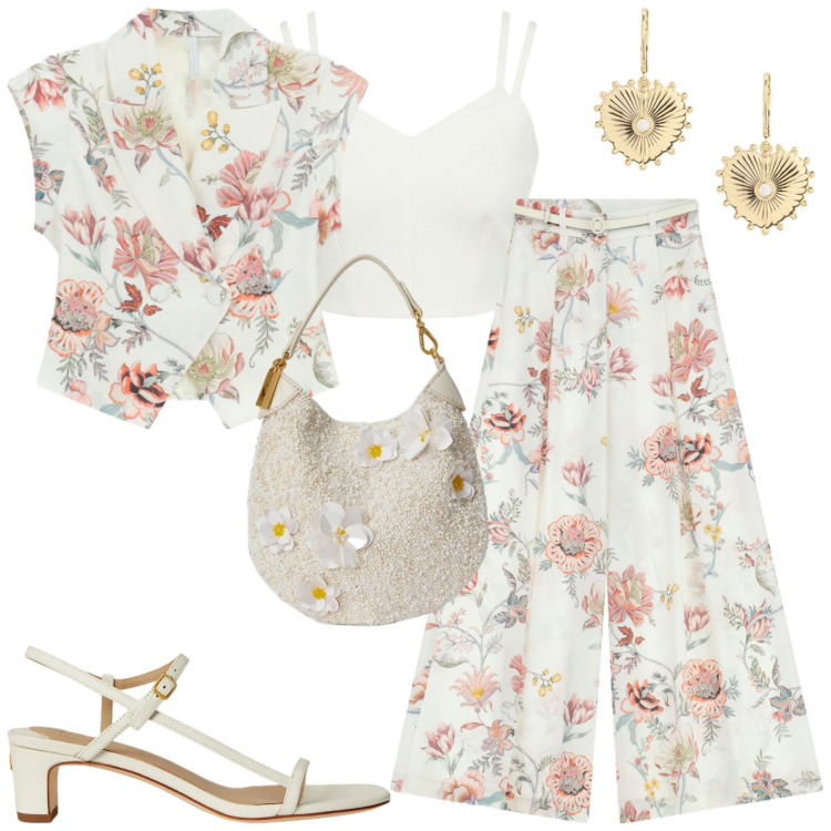 Outfit donna - Floral. Stile Romantica per Tutti i giorni. Abbinamento con pantaloni a palazzo, gilet, top, orecchini, pochette, sandali in pelle.
