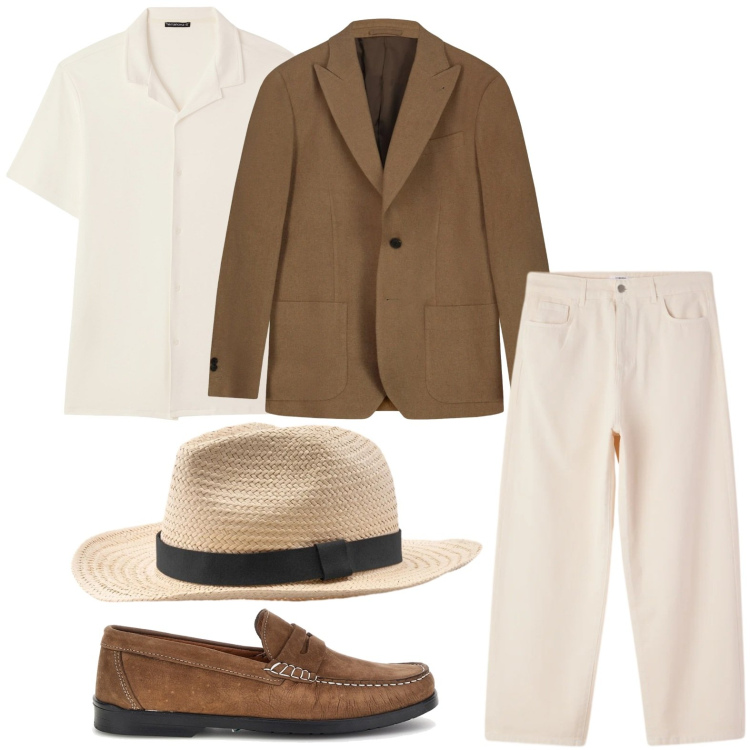 Outfit uomo - Eleganza primaverile. Stile Trendy per Tutti i giorni. Abbinamento con camicie a manica corta, pantaloni, giacche, scarpe stringate, cappelli.