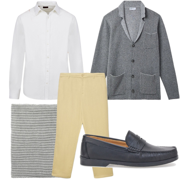 Outfit uomo - Stile armonioso. Stile Trendy per Tutti i giorni. Abbinamento con scaldacollo, pantaloni, giacche, camicie, scarpe stringate.