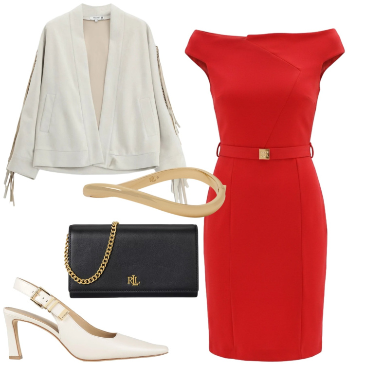 Outfit donna - Il tubino rosso. Stile Chic per Tutti i giorni. Abbinamento con décolleté, blazer, vestiti asimmetrici, borse a tracolla, braccialetti.