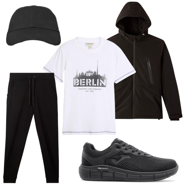 Outfit uomo - Scarpe running. Stile Trendy per Tutti i giorni. Abbinamento con t-shirt, pantaloni, cappelli con visiera, giacche, sneakers.