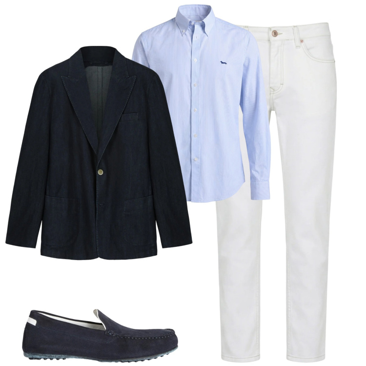 Outfit uomo - Bianco e blu. Stile Urban per Tutti i giorni. Abbinamento con scarpe stringate, jeans, camicie, giacche.