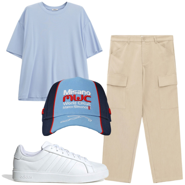 Outfit uomo - Aprile. Stile Casual per Tutti i giorni. Abbinamento con cappelli, t-shirt, pantaloni cargo, sneakers.