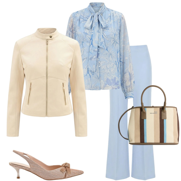 Outfit donna - Rinascimento. Stile Casual chic per Ufficio. Abbinamento con bluse, giacche, pantaloni a palazzo, décolleté, shopping bag.