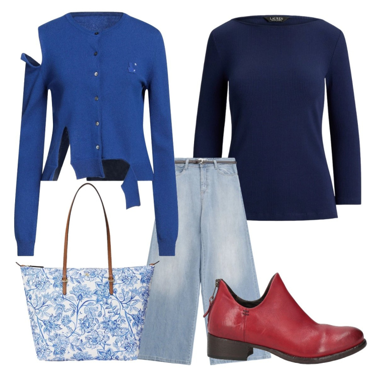 Outfit donna - Aprile. Stile Casual chic per Scuola/Università. Abbinamento con cardigans, stivaletti, jeans, t-shirt, borse tote.