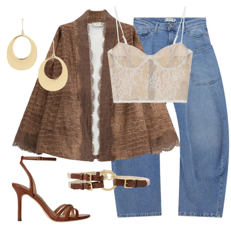 Outfit donna - Sandali e top in pizzo per l\'aperitivo. Stile Glamour per Serata fuori. Abbinamento con cappotti, jeans, canottiere, sandali in pelle, cinture, orecchini.