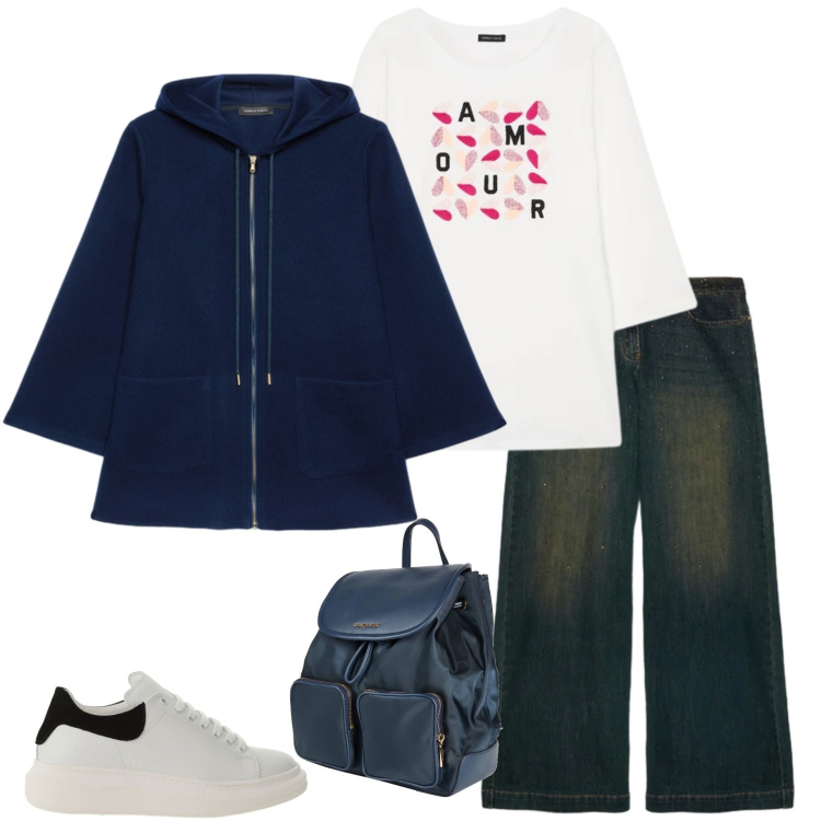 Outfit donna - Aprile piovoso. Stile Urban per Tutti i giorni. Abbinamento con zaini, blazer, t-shirt, jeans, sneakers.