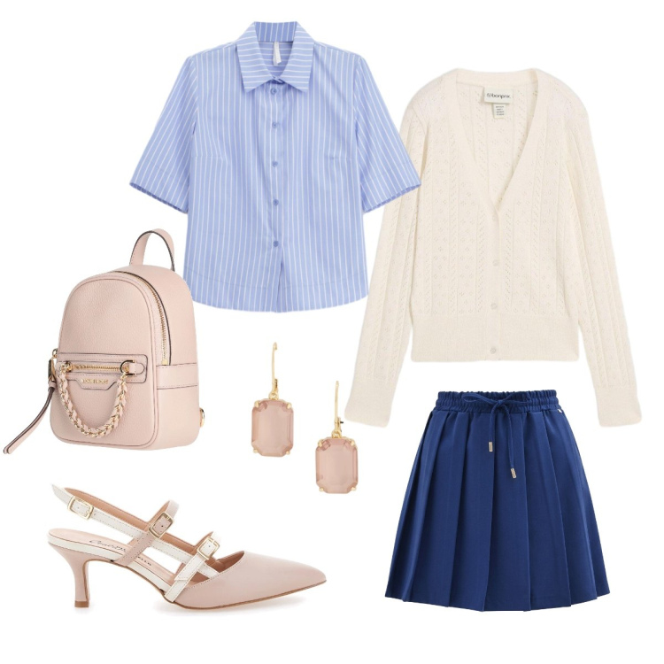 Outfit donna - Outfit casual. Stile Casual chic Abbinamento con zaini, cardigans, camicie a manica corta, minigonne, orecchini, décolleté.