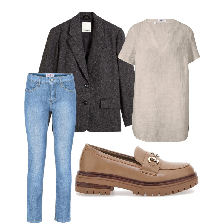 Outfit donna - Mocassino elegante. Stile Casual chic per Ufficio. Abbinamento con blazer, tuniche, jeans slim fit, mocassini.