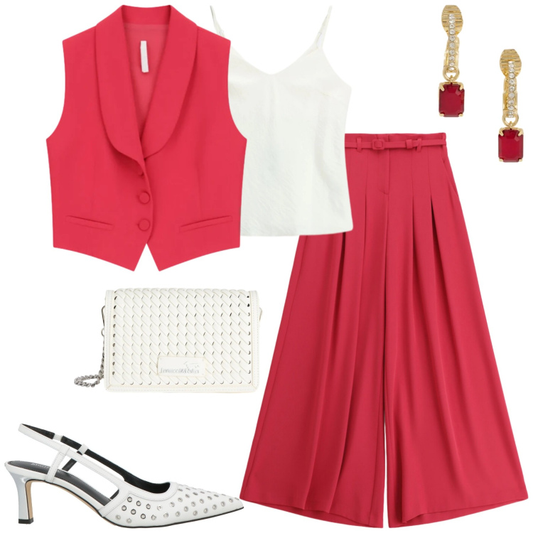 Outfit donna - Imperial. Stile Urban per Tutti i giorni. Abbinamento con décolleté, pantaloni a palazzo, gilet, canottiere, borse a tracolla, orecchini.