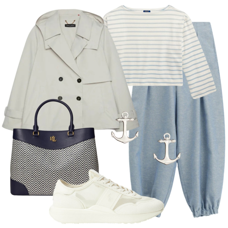 Outfit donna - Total look casual chic. Stile Casual chic per Tutti i giorni. Abbinamento con pantaloni, trench, orecchini, sneakers, borse a mano, t-shirt.