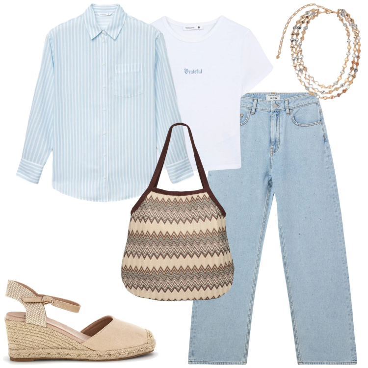 Outfit donna - Aprile. Stile Casual chic per Tutti i giorni. Abbinamento con camicie, borse tote, jeans, t-shirt, collane, zeppe.